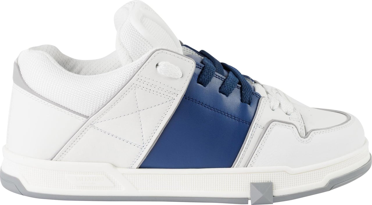 Valentino White Open Skate Calf Leather Sneakers With Blue Stripe Wit