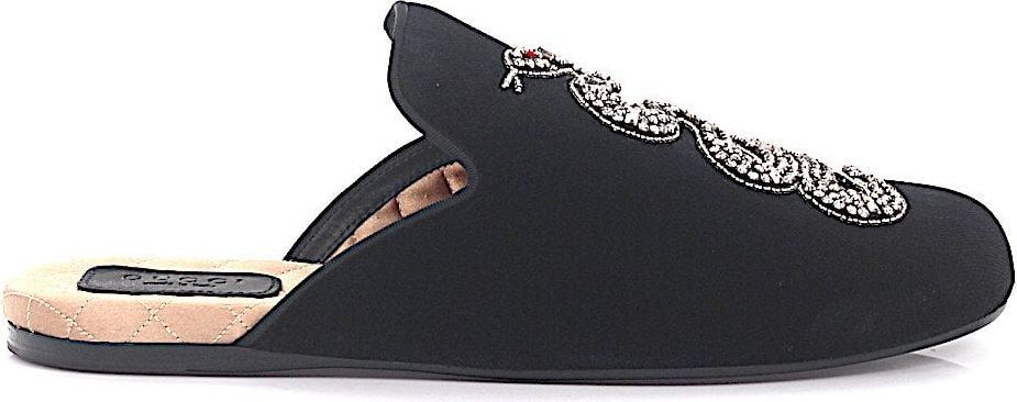 Gucci Slip On Shoes Textile Rhinestone Brooch Black Cortez Zwart