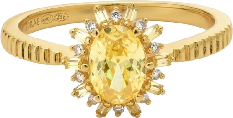 24Kae 24Kae Ring 124148Y/56 Zilver met Geelgouden Plating en Ovaal Groene Zirkonia Maat 56