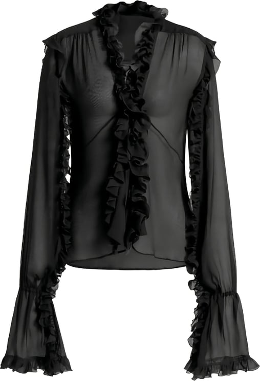 Alberta Ferretti Black Sheer Ruffled Silk Blouse