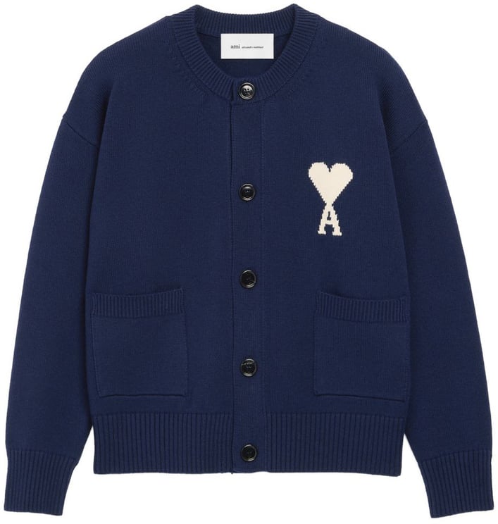 AMI Paris Navy Blue Ribbed Hem Crewneck Sweater