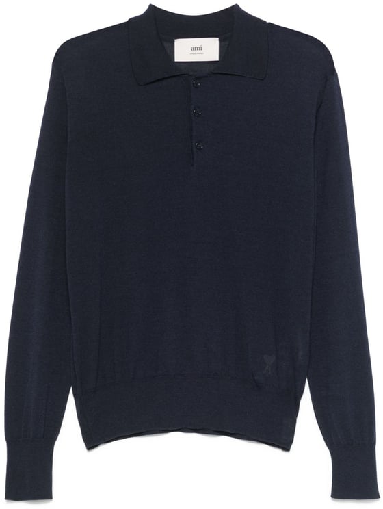 AMI Paris Navy Blue Long-Sleeve Polo Shirt