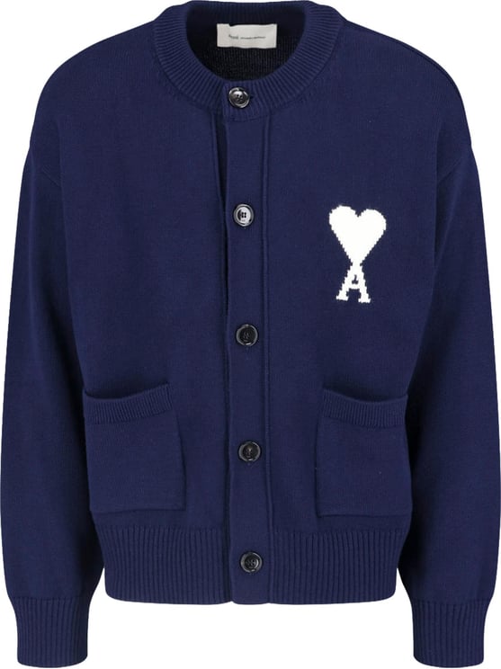 AMI Paris Blue Ami De Coeur Round Neck Cardigan