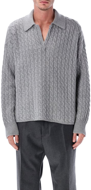 AMI Paris Cable Knit Polo Grigio