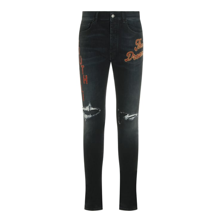 Amiri Distressed Slim Fit Dark Grey Jeans with Embroidered Details