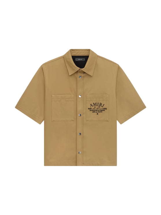 Amiri Boxy Cropped Brown Shirt with Snap Button Closure and Front Pockets