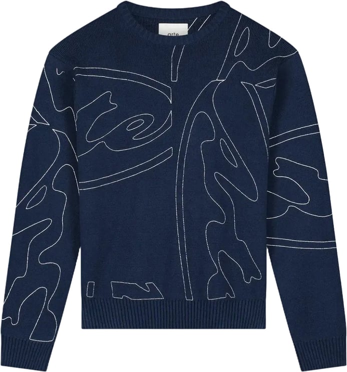 Arte Antwerp Gebreid marineblauw met een logo over de hele stof in een cirkelvorm