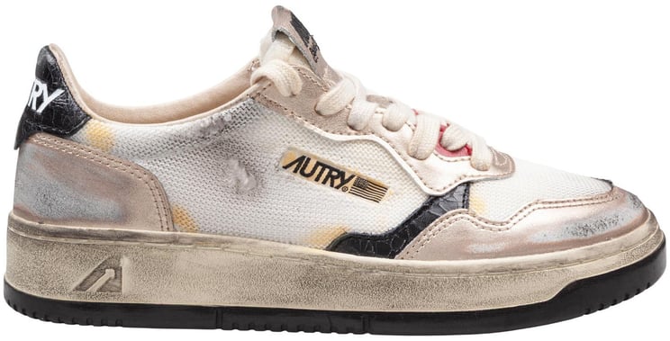 Autry Autry sup vint low sneakers in crackled leather, micromesh, and suede, white and gold