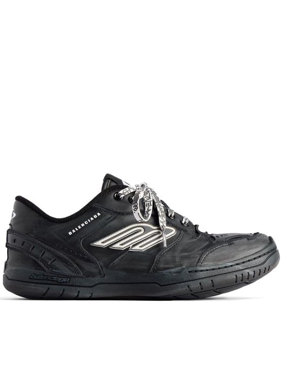 Balenciaga Sleek Black Low-Profile Sneakers with Textured Sole and Patterned Laces
