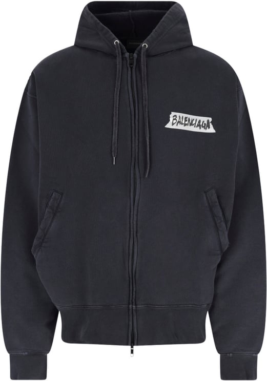 Balenciaga Black Masking Tape Worn Zip Hoodie