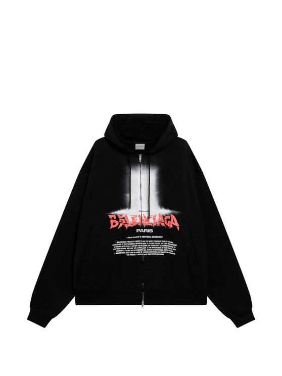 Balenciaga Relaxed Fit Black Oversized Zip-Up Hoodie with Bold Graphic Print