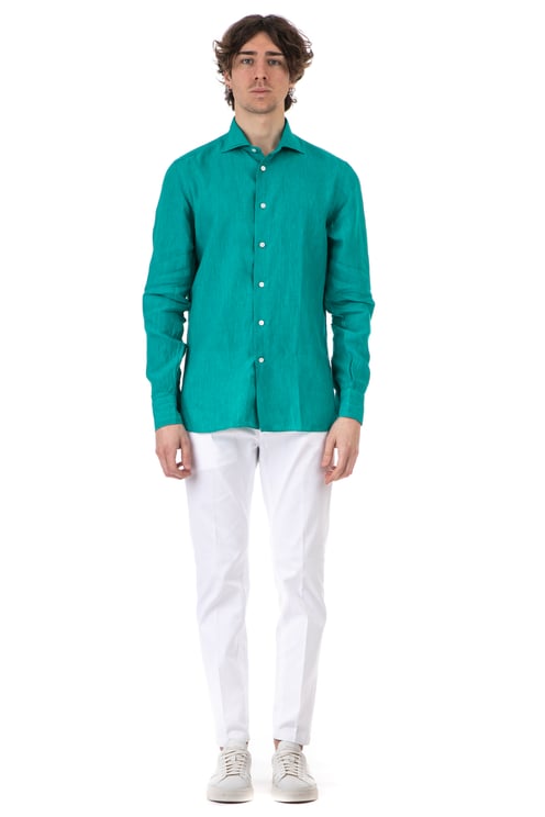 Borriello Napoli Pure Linen Long-Sleeve Shirt with Mother-of-Pearl Buttons