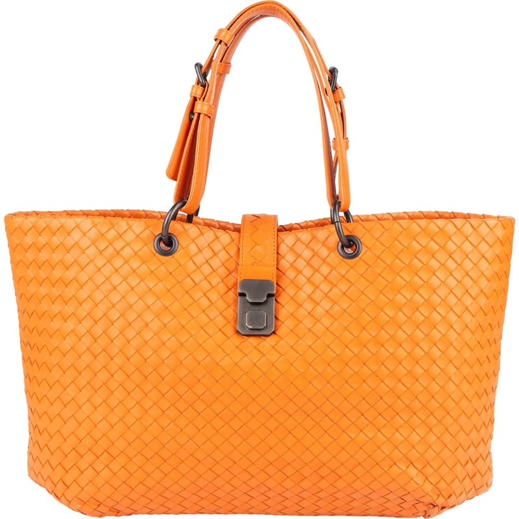 Bottega Veneta Bottega Veneta Orange Intrecciato Leather Capri Lock Tote Handbag