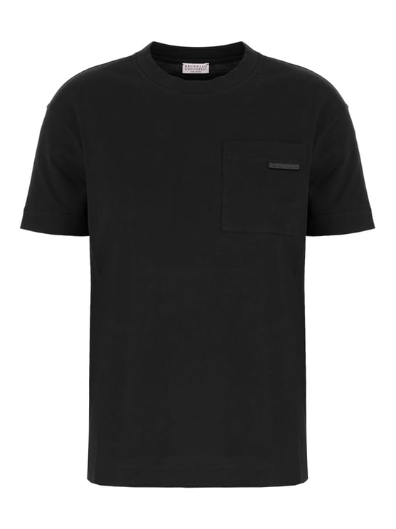 Brunello Cucinelli Black Decorated Pocket Cotton T-Shirt