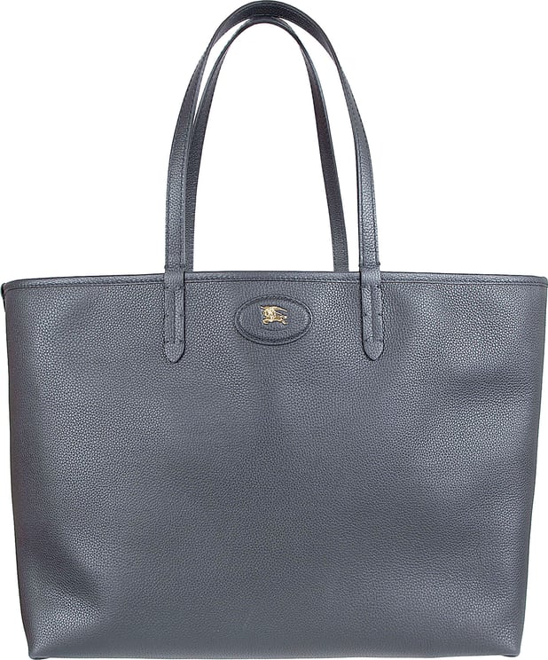Burberry Reversible Black Calf Grain Leather Tote Bag with Equestrian Knight Emblem