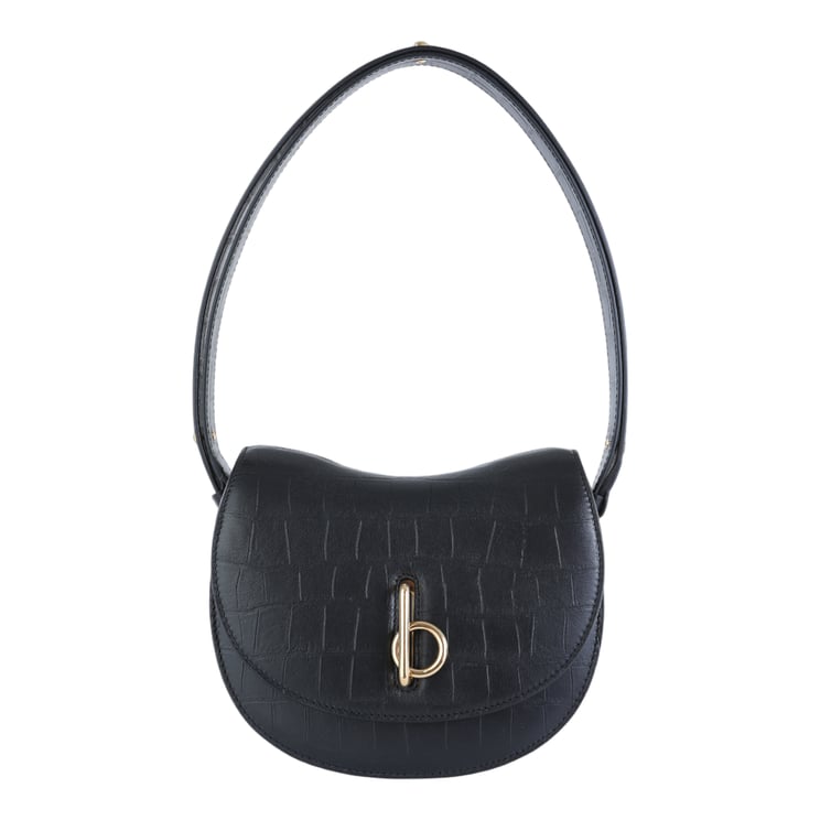 Burberry Textured Black Shoulder Bag With Curved Flap And Gold-Tone Clasp