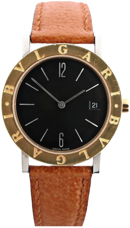 Bvlgari Bvlgari Bvlgari Bvlgari BB33 SGL L 238436 SS YG Leather QZ Watch with Black Dial