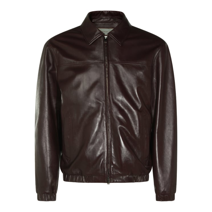 Canali Dark Brown Leather Jacket With Classic Collar And Minimalist Design