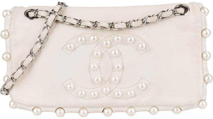 Chanel Chanel White Lambskin CC Pearl Single Flap Crossbody Bag