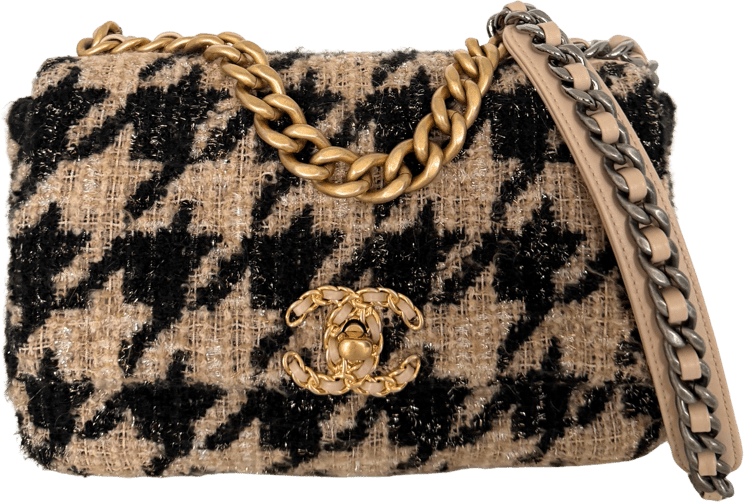 Chanel Chanel 19 Schultertasche Tweed Hahnentritt Beige Schwarz Fullset / sehr gut