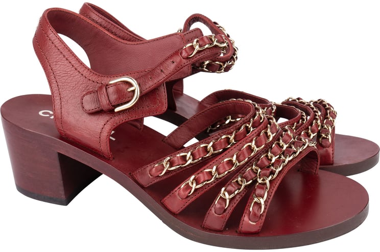 Chanel Chanel Bordeaux Leather Chain Sandals (35)