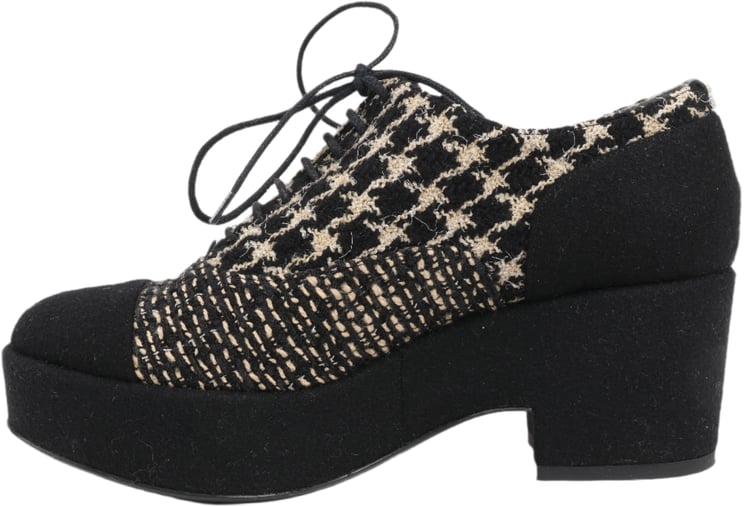 Chanel CHANEL Coco Tweed Felt Mark Leather x Fabric Boots G31378 in Black x Beige, Size 37 EU