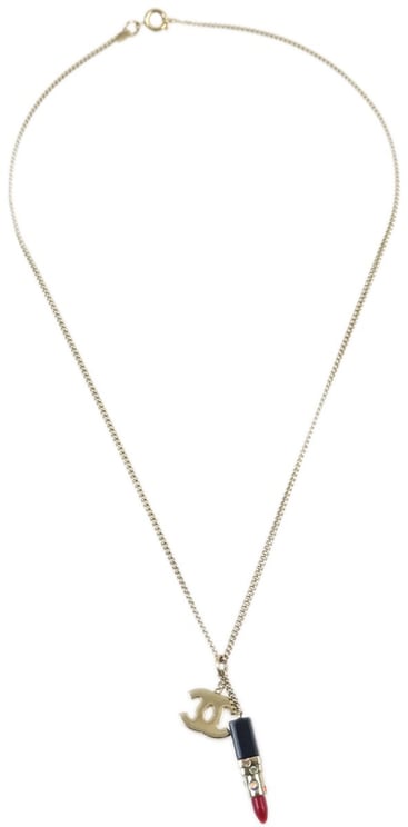 Chanel Chanel CC Lipstick Charm Pendant Necklace Metal with Resin and Crystals