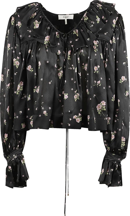 Chloé V-Neck Maxi Gathered Ruffle Top In Silk Charmeuse