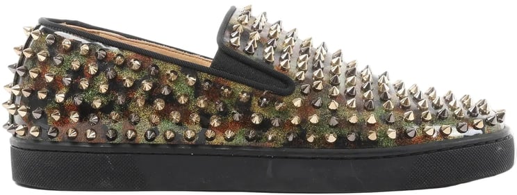 Christian Louboutin Christian Louboutin Roller Boat Spike Studs Patent Leather Slip-on in Brown x Green, Size 42 EU