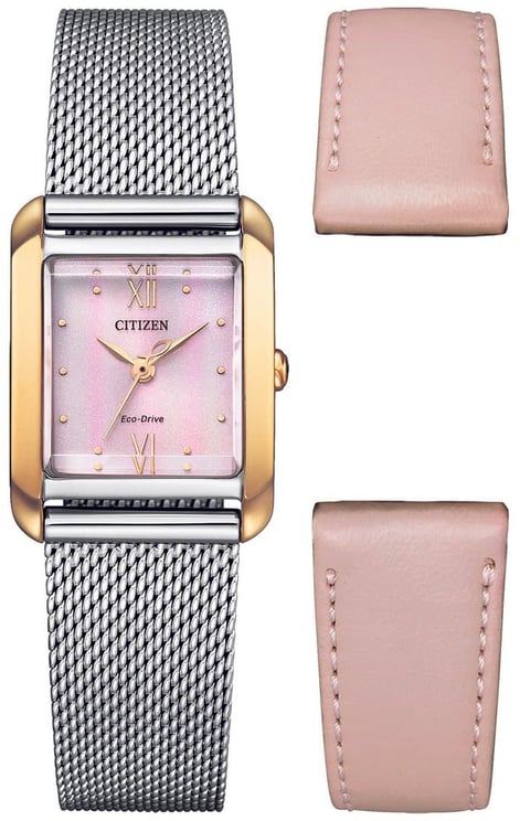 Citizen Citizen Horloge EW5596-66X Staal Bi-color Eco-drive met Roze Wijzerplaat en Extra Leren Horlogeband