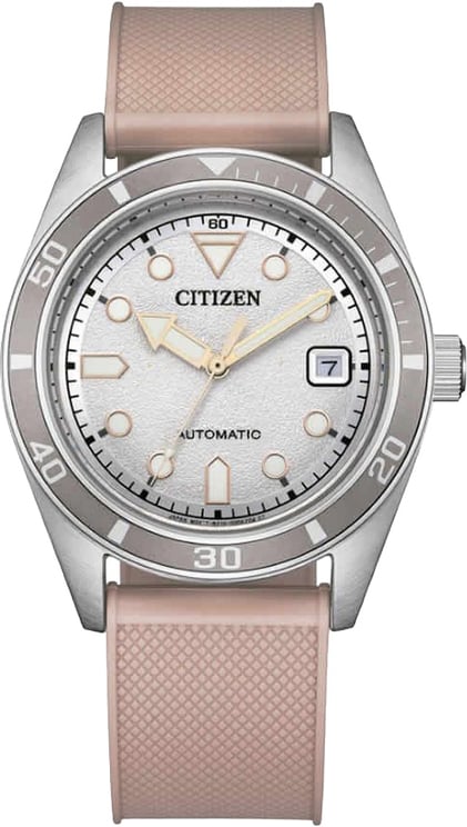 Citizen Citizen Horloge NJ0229-07A Staal Automaat 100M Waterdicht Roze Band met Zilver Wijzerplaat 38.5mm