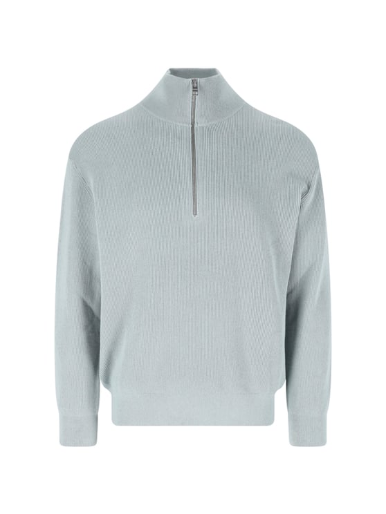 Closed Half-Zip Knit Sweater with High Collar and Ribbed Texture