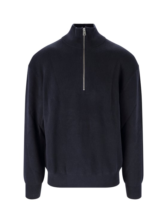 Closed Dark Blue Cotton Blend Knit Pullover With Half-Zip Closure