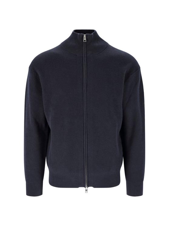 Closed High Collar Dark Blue Zip-Up Sweater