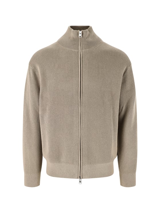Closed Ribbed Knit Sweater With High Collar And Full Zipper Closure