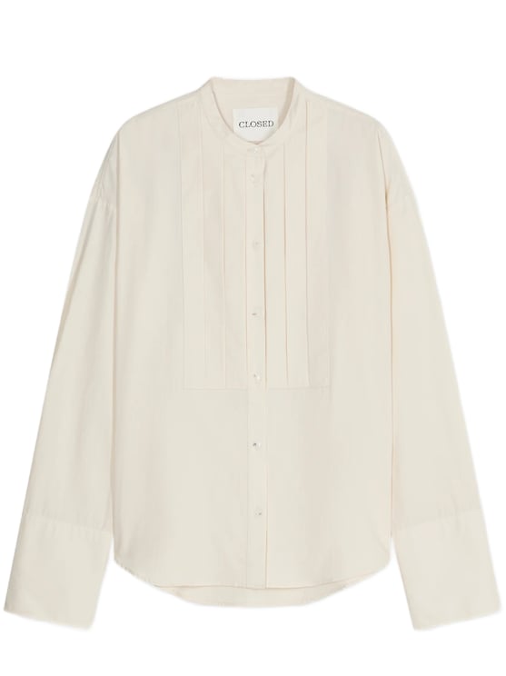Closed Relaxed Fit Blouse with Vertical Pleats and Band Collar