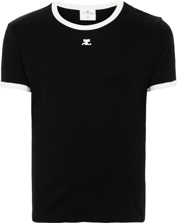COURREGES Fitted Black T-Shirt With Contrasting White Trim