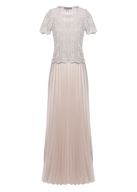 D-Exterior Ivory Viscose Midi Dress With Knit Sequin Top And Pleated Satin Skirt