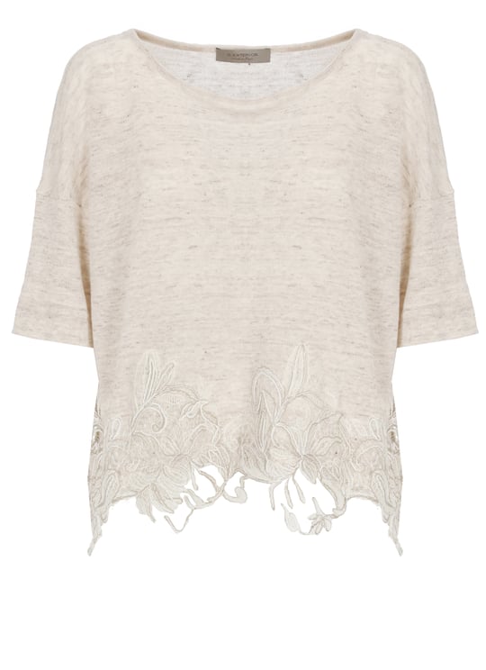 D-Exterior Beige Lace Linen-Blend Hem Short-Sleeved Top