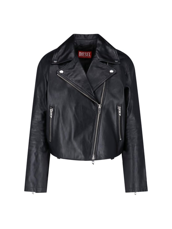 Diesel Cropped Black Leather Jacket with Asymmetrical Front