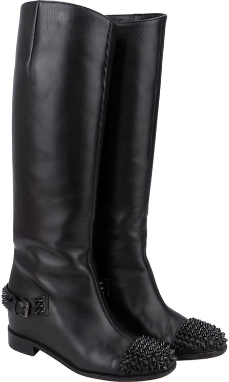 Dior Christian Louboutin Black Calf Leather Egoutina Spiked Flat Knee-High Boots (35,5)
