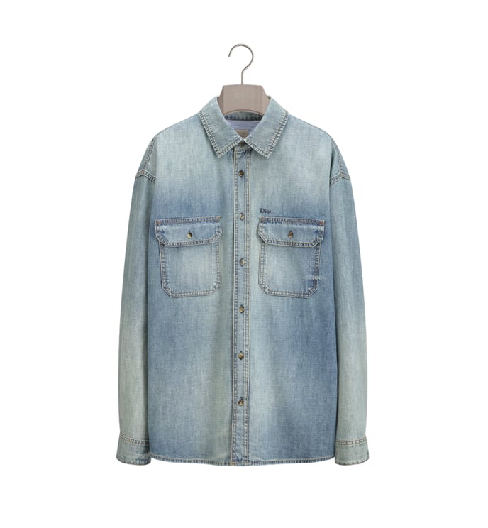 Dior Faded Light Blue Denim Shirt with Chest Pockets and Leather Patch