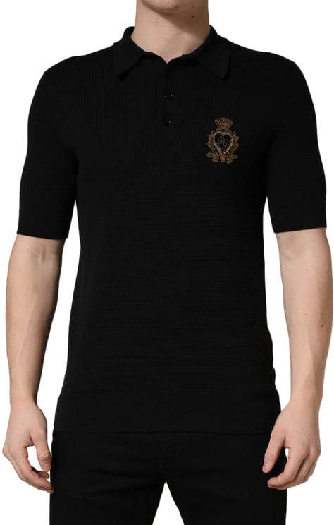 Dolce & Gabbana Dolce & Gabbana Black Heraldic Crest Patch Silk Polo T-shirt