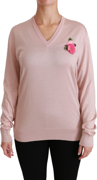 Dolce & Gabbana Dolce & Gabbana Pink Floral Embellished Pullover Silk Sweater