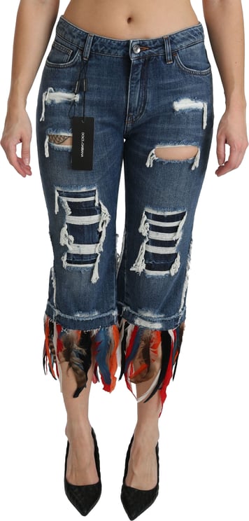 Dolce & Gabbana Dolce & Gabbana Blue Feathers Low Waist Cropped Cotton Jeans