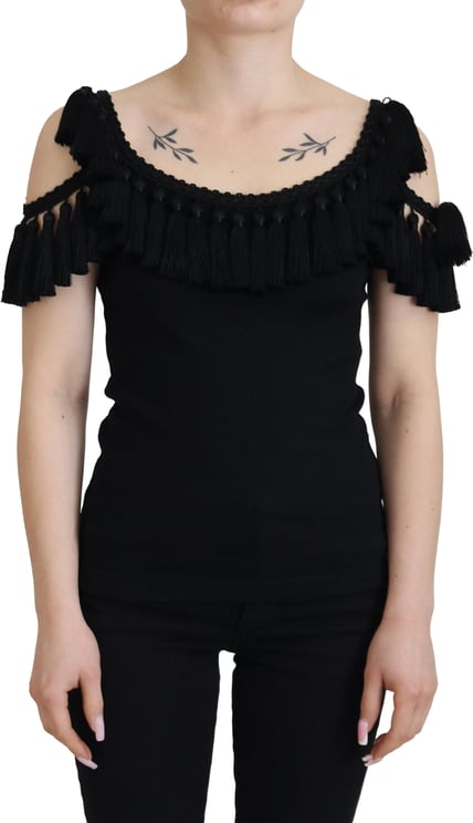 Dolce & Gabbana Dolce & Gabbana Black Tank Top Blouse Tassle Cotton Blouse
