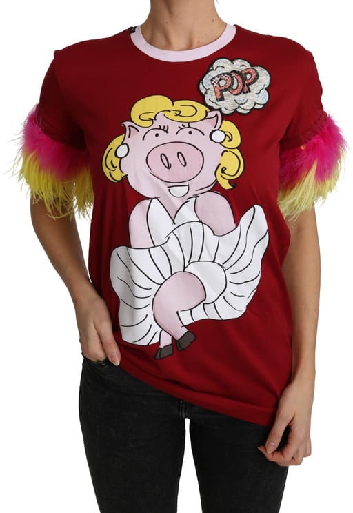 Dolce & Gabbana Dolce & Gabbana Red Pig Print Feather Sleeves T-shirt Top