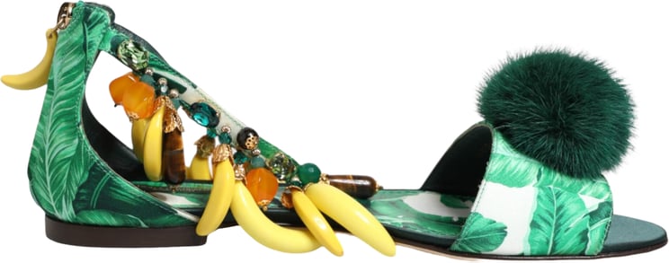 Dolce & Gabbana Dolce & Gabbana Green Mink Fur Satin Banana Leaf Sandals Shoes