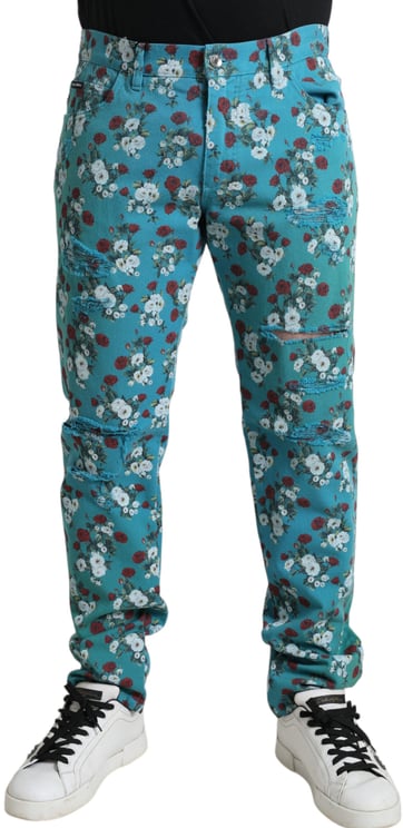 Dolce & Gabbana Dolce & Gabbana Blue Floral Print Skinny Cotton Denim Pants