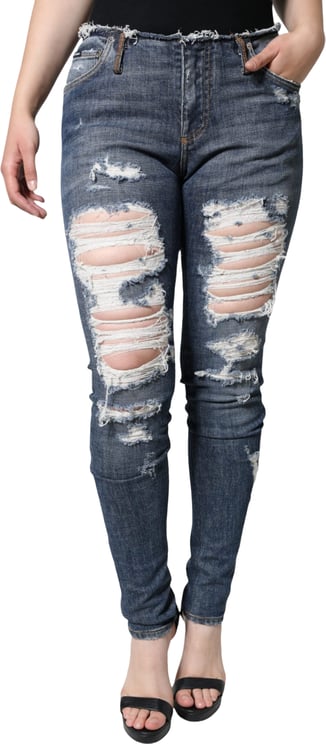 Dolce & Gabbana Dolce & Gabbana Blue Cotton Stretch Tattered Skinny Jeans